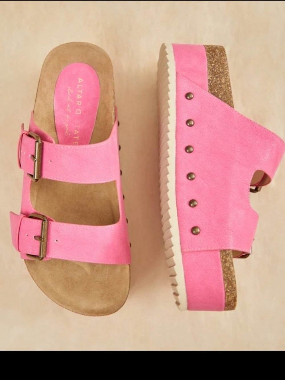 New Altar'd State Pink Double Buckle Cork Slide Sandals Size 8 Platform Chunky - Picture 2 of 13